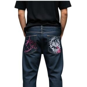 Class Player Raw Denim Wide Leg Jeans Mens 34X33 Blue Embroidered Y2K Vintage